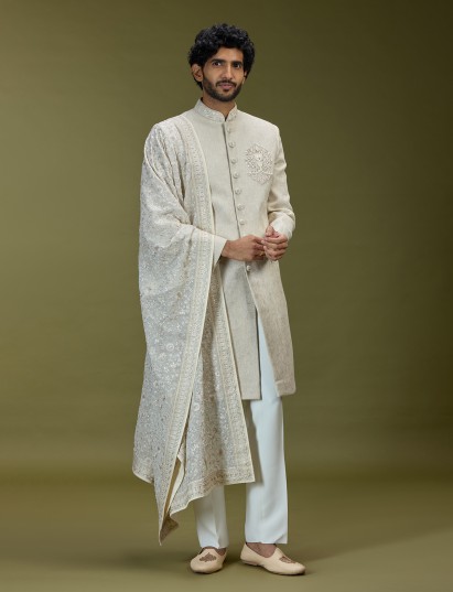 Cream exquisite jacquard silk men indo western with dupatta