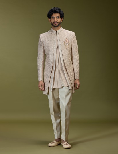 Beige geometric polyester silk men indo western