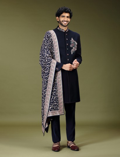 Navy blue regal polyester silk men indo western with dupatta