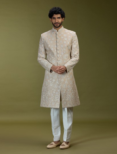Beige regal floral premium raw silk mens sherwani