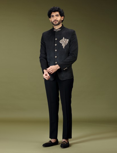 Black regal velvet embellished luxury jodhpuri suit