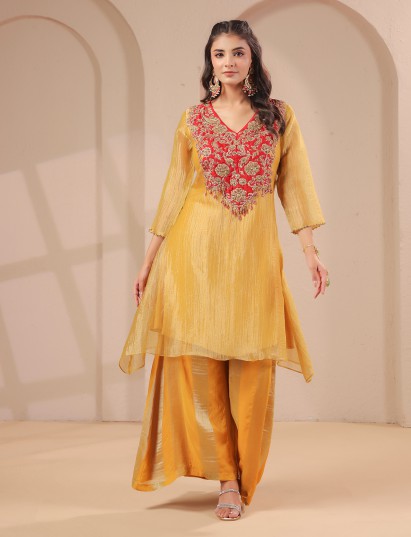 Mustard yellow handwork yoke style kurta with palazzo