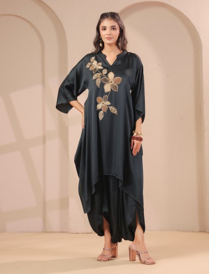 Charcoal black hi-lo handwork kurti with designer dhoti pants