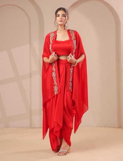 Red work overlay bustier with designer long shrug indowestern