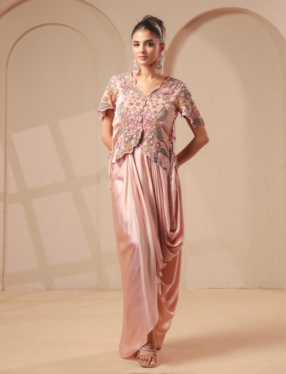 Pink rose-gold bustier handwork top with designer indowestern