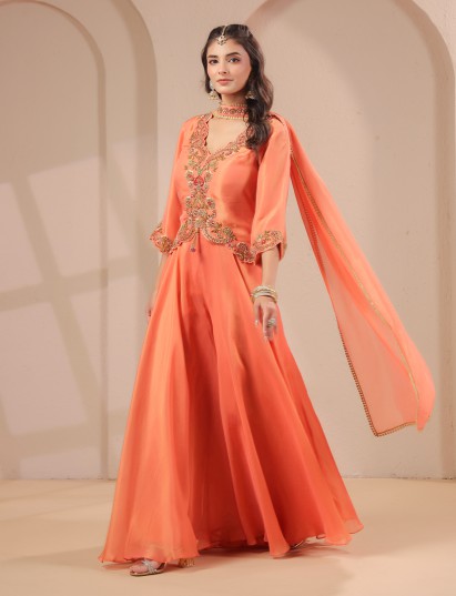 Peach scallop work top with draped dupatta and palazzo