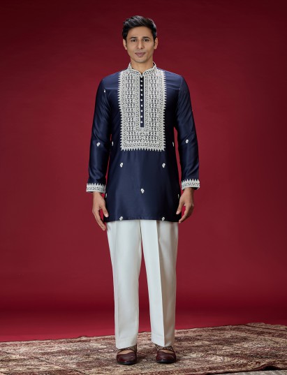 Navy blue zardosi embroidered mens kurta suit