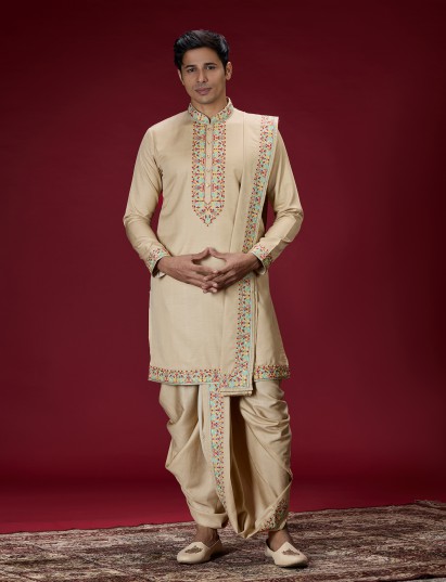 Beige kashmiri floral mens dhoti kurta suit