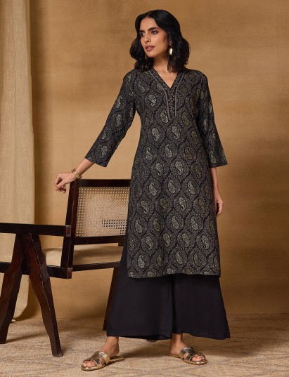 Black women kurti Persian paisley straight elegance