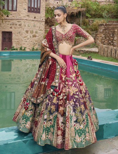 Multicolor silk lehenga choli with embellished dupatta