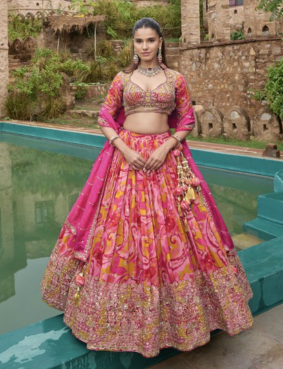 Rani pink silk lehenga choli with zardosi embellished dupatta