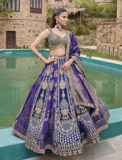 Purple Banarasi silk lehenga choli with dupatta detailing