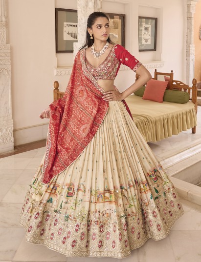 Beige silk lehenga choli with art motif and contrast dupatta