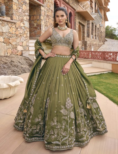 Mehendi green chiffon silk lehenga choli with embellished dupatta