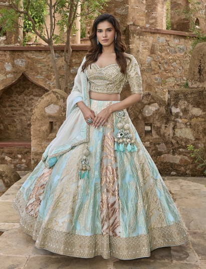 Sky blue tissue silk lehenga choli with embellished dupatta