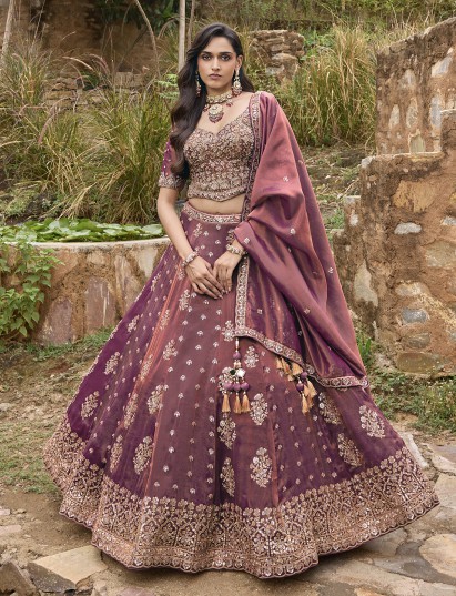 Pastel wine silk lehenga choli with embellished festive dupatta