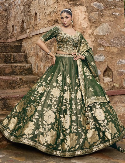 Mehendi green silk lehenga choli with embellished festive dupatta