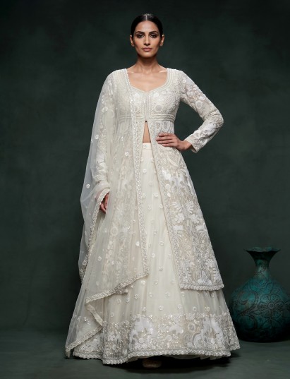 Cream designer embroidered women lehenga choli with dupatta