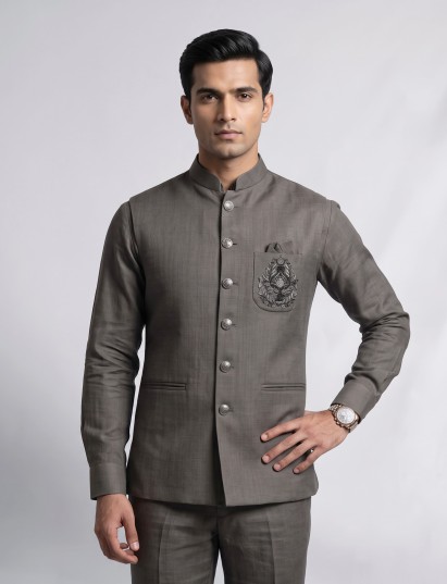 Slate grey ethnic waistcoat with silver zardozi embroidery