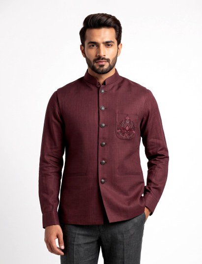 Deep maroon plum Nehru waistcoat with floral crest