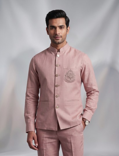 Dusty rose pink waistcoat with zardozi medallion crest