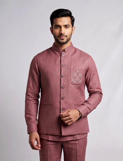 Dusty mauve wine bandhgala waistcoat with embroidered crest