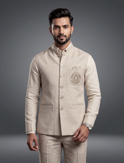 Cream ethnic waistcoat with silver zardozi crest embroidery