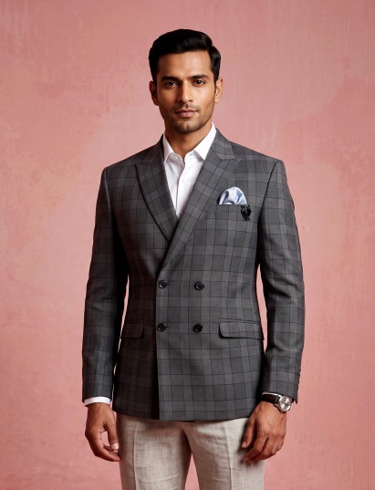 Charcoal grey glen plaid double breasted tailored blazer