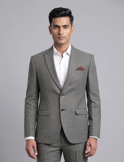 Classic grey herringbone pick stitched single breasted blazer