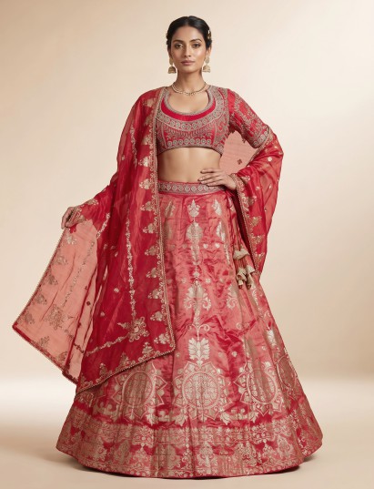Rani pink banarasi silk lehenga choli with embellished dupatta