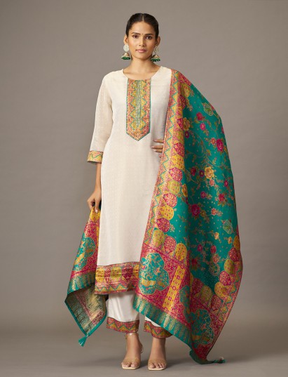 Off white cotton blend kurti set with multicolor jacquard dupatta