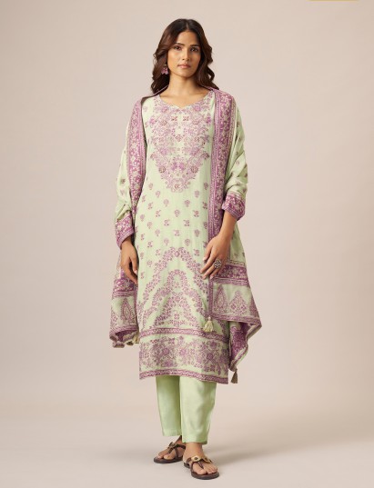 Pastel pistachio mint green cotton blend kurti set with zari work