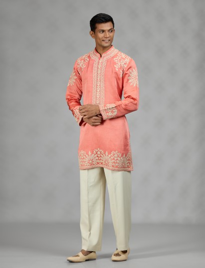 Coral peach floral mens kurta suit
