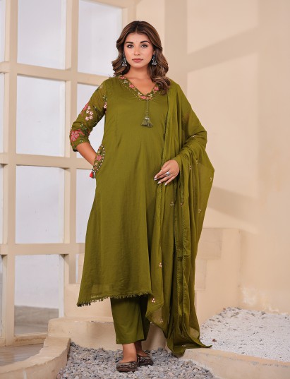 Olive green floral women kurti set