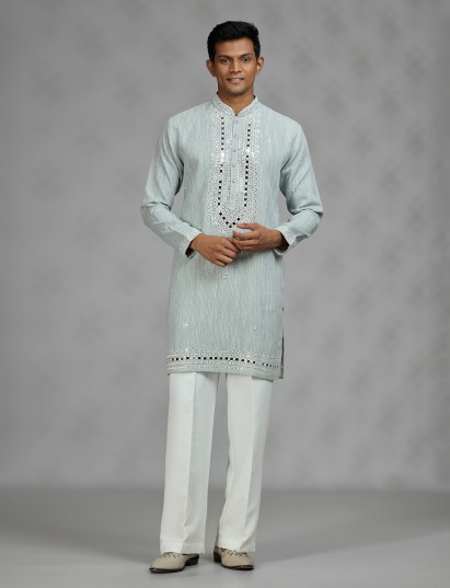 Pista green geometric mens kurta suit