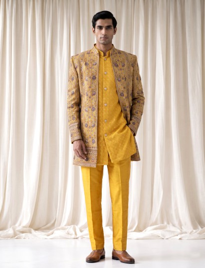 Mustard yellow luxury mens indo western
