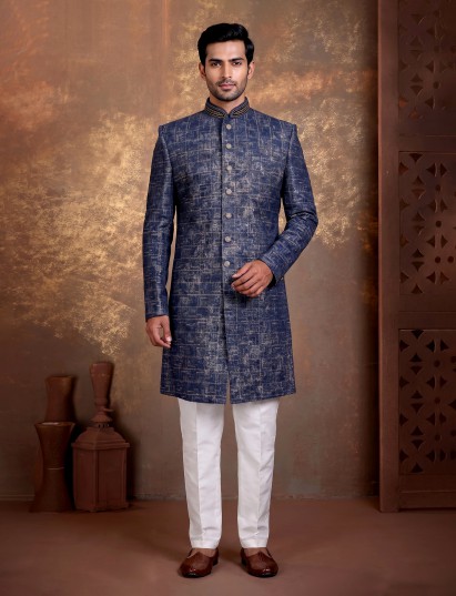Blue jacquard silk premium mens indo western