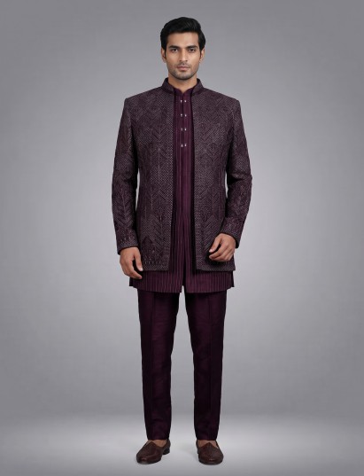 Deep wine embroidered layered indowestern suit for mens