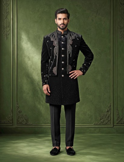 Black velvet Swarovski zardosi overlay indowestern set for mens