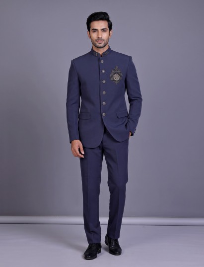 Stone blue royal crest mens jodhpuri suit