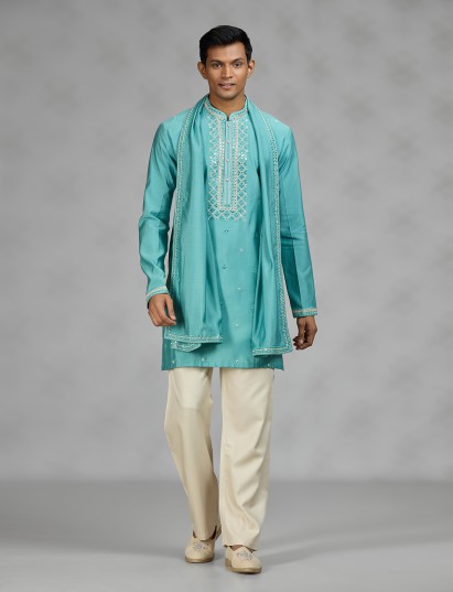 Firozi blue lattice mens kurta suit