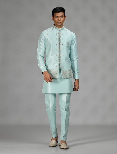 Firozi blue floral bundi mens waistcoat set