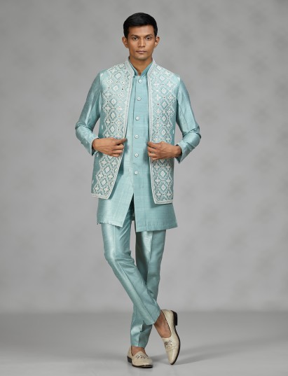 Firozi blue geometric mens waistcoat set