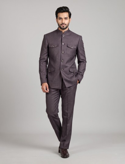 Charcoal mens grey patch pocket poly-viscose jodhpuri suit for weddings