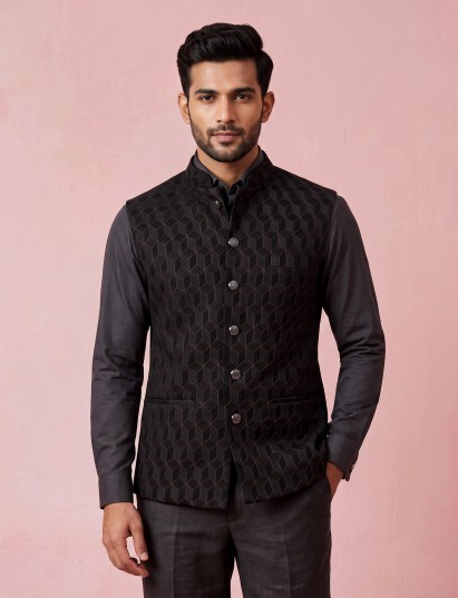 Black jacquard textured waistcoat with tonal metallic buttons for mens