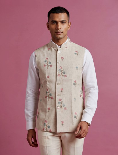 Beige textured linen-silk sequined waistcoat with glossy buttons for mens
