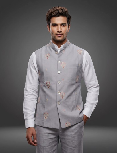 Light grey textured butta waistcoat with mother-of-pearl buttons