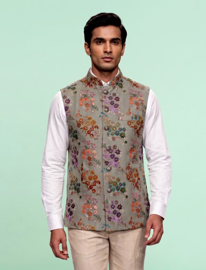 Dusty pista green floral sequined waistcoat for mens weddings