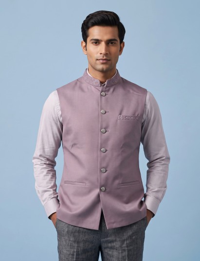 Lilac purple embroidered waistcoat with detailed collar and pocket trim