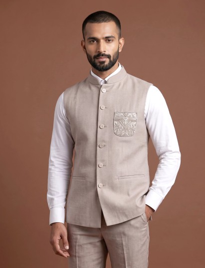 Dusty onion pink zardosi waistcoat with metallic artwork for mens